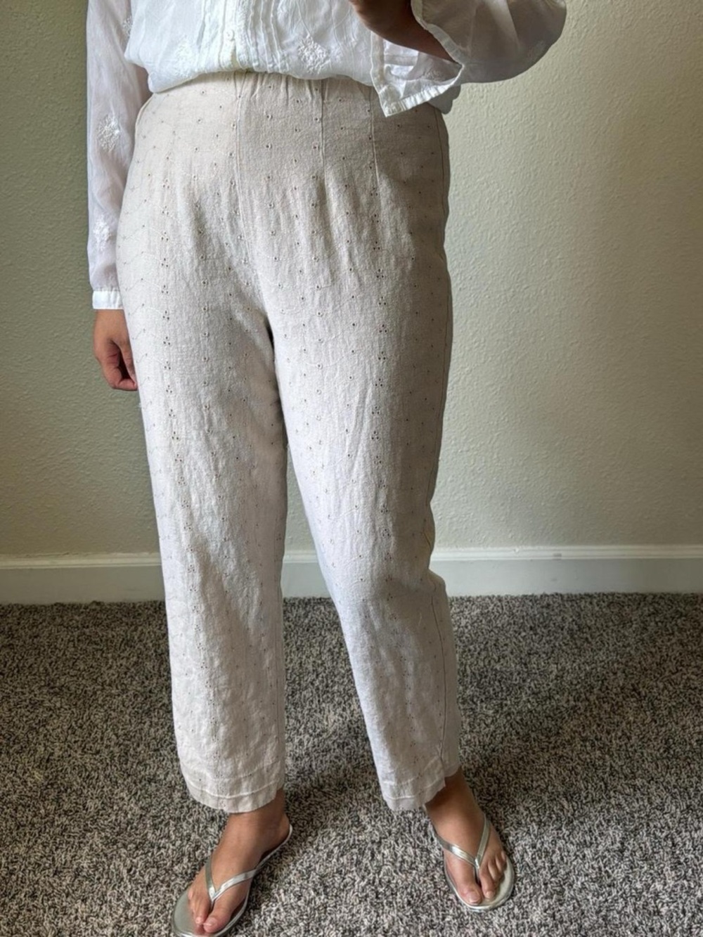 Linen blend eyelet pants